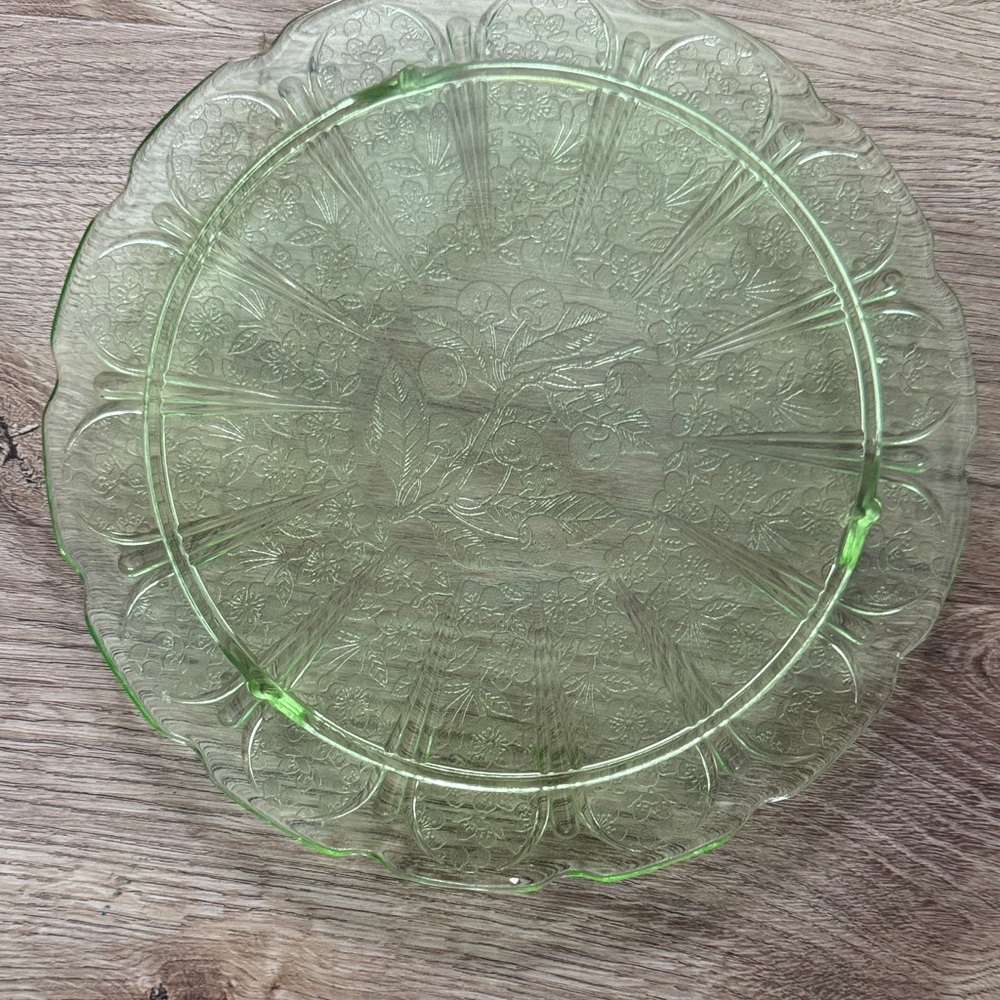 Vintage Cherry Blossom Green Depression Glass Footed Cake Plate